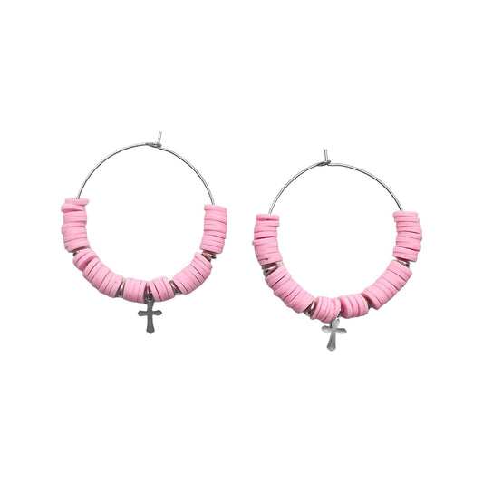 Pale Pink Hoops with Silver cross charms